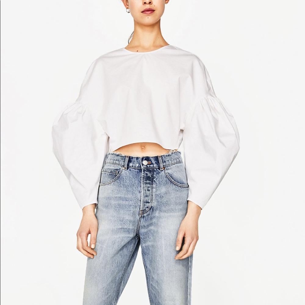 Zara White Poplin Cropped Top w/ Full Sleeve